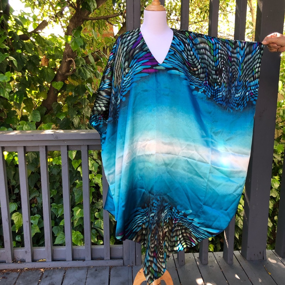 Artsy Multicolor Abstract Print Ocean Blue Satin Lounge CoverUp Caftan Freesize